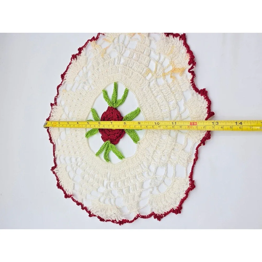 Vintage Handmade Crochet Rose Doily Floral Lace 3D Centerpiece Red White 12.5 N3